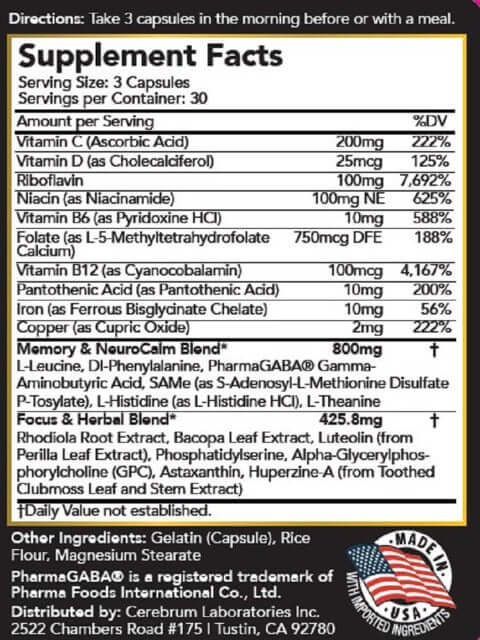 MindSense1 Premium Nootropic Brain Supplement-Focus & Memory Support-Caffeine Free - Nutritional Label-Cerebrum Labs