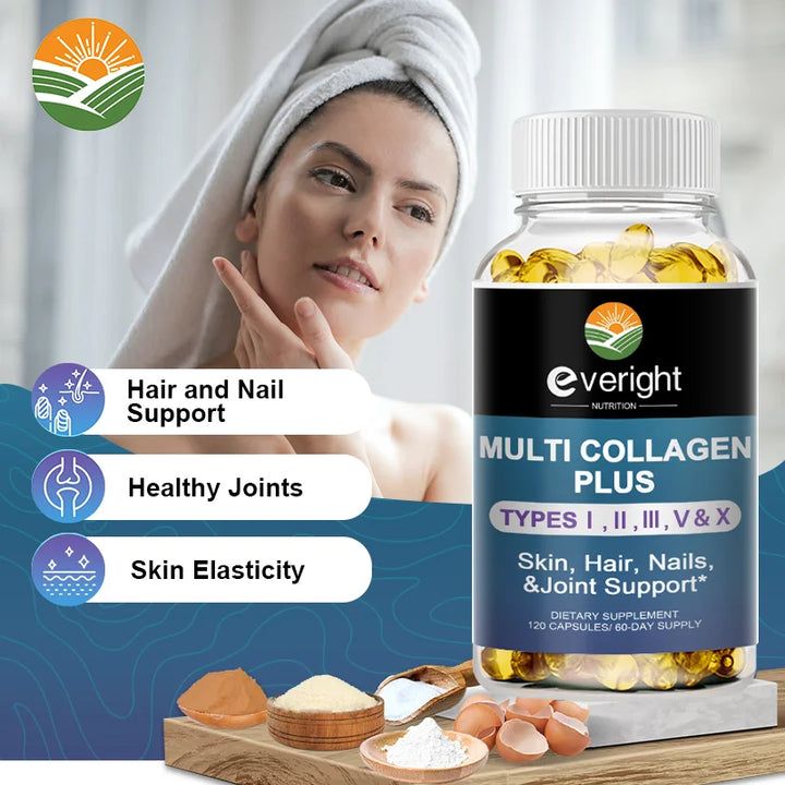 Multi Collagen Pills - Collagen Supplements - Hydrolyzed Collagen Supplements with Types I, II, III, V & X - 60/120 Capsules